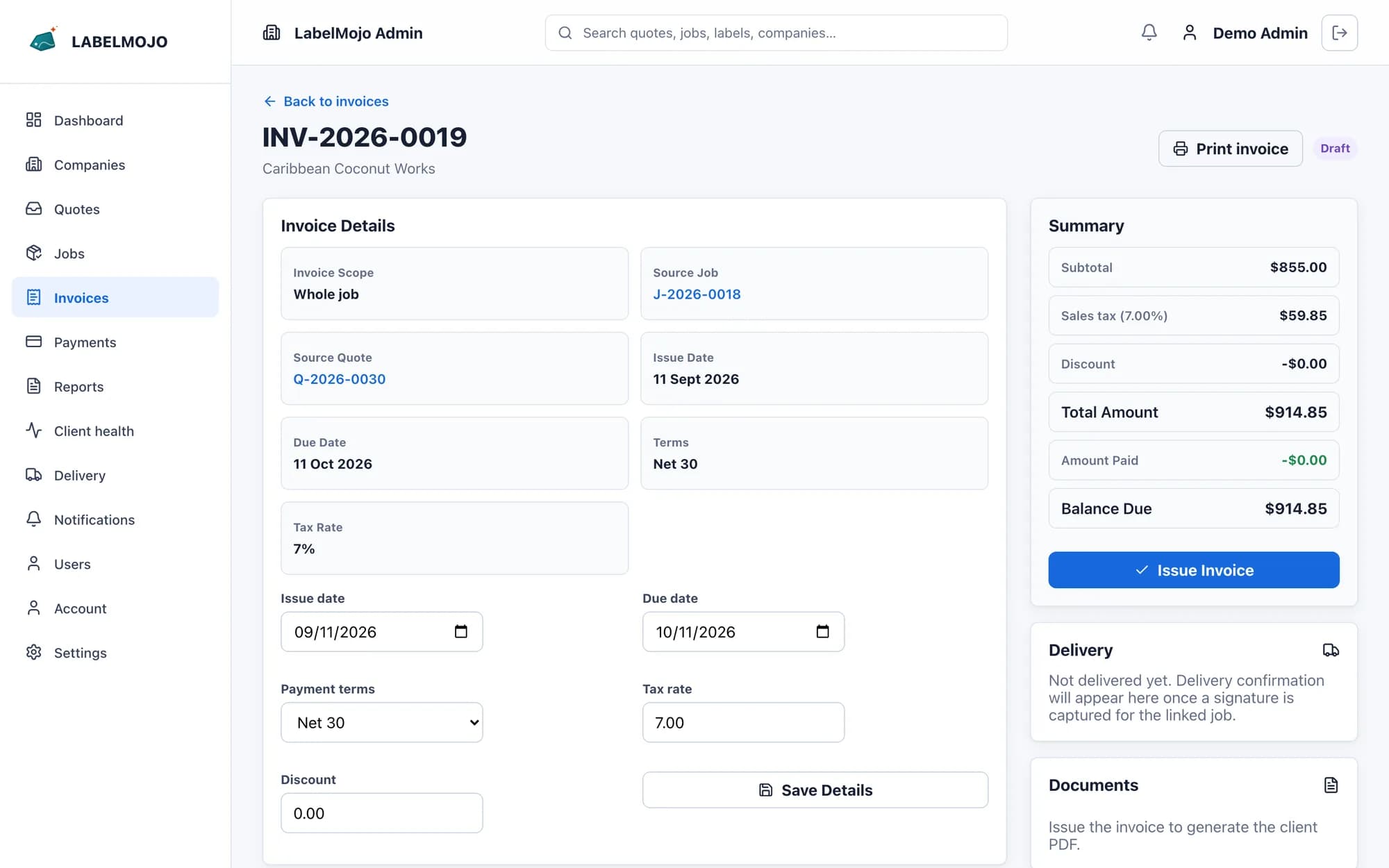 Issued invoice INV-2026-0017 with line items, payments and balance