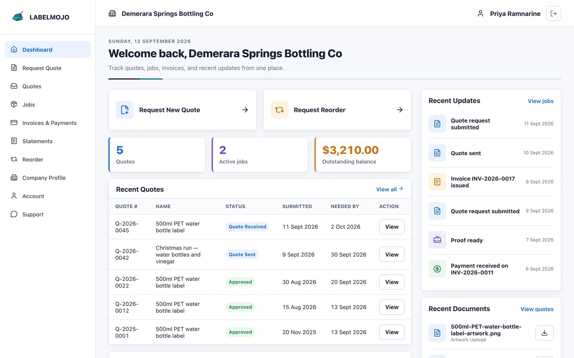 Customer portal dashboard for Demerara Springs Bottling Co with open quotes, jobs and invoices