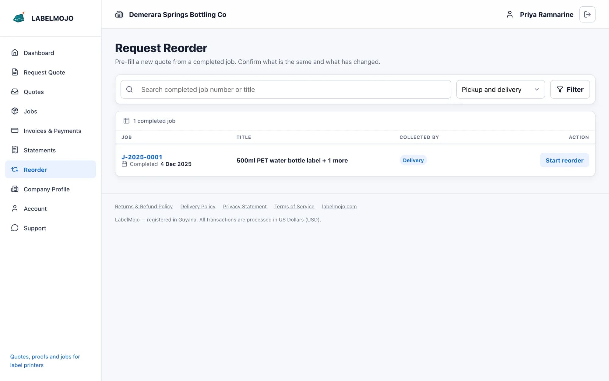 Customer reorder screen listing previous labels ready to run again