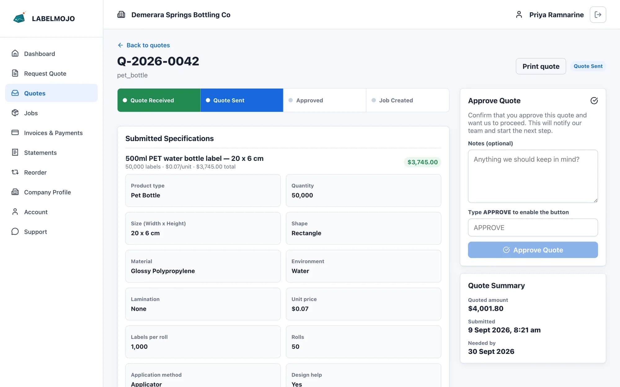 Customer view of quote Q-2026-0042 with a price-by-quantity table and an approve panel